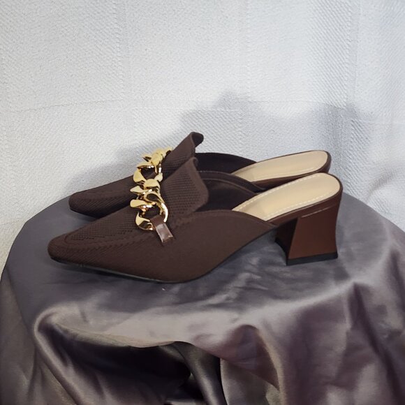 Newbella Chocolate Brown Pointed Toe Square Heel Gold Tone Chain Dress Mule 7.5 - Picture 7 of 16